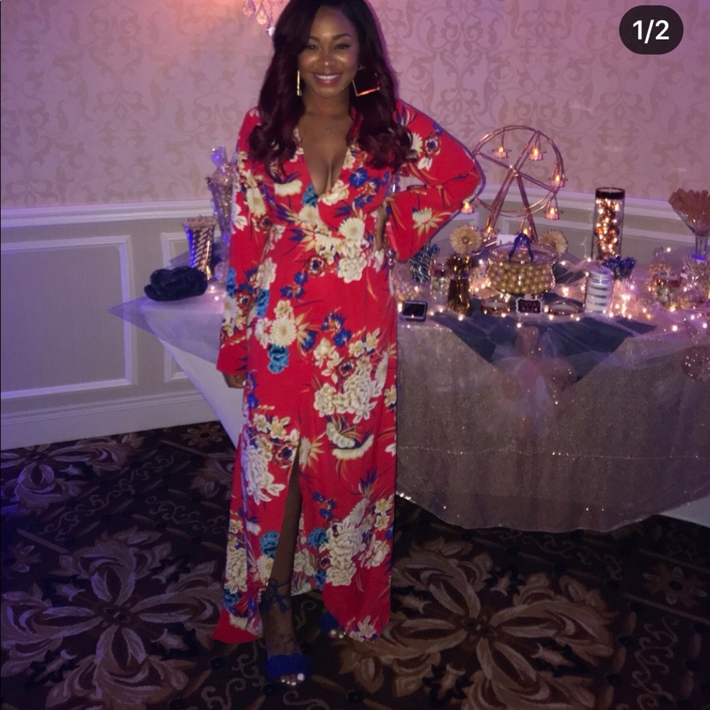 Red Floral Print Kimono Maxi Dress
